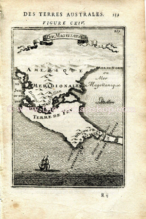 1683 Manesson Mallet "Detroit de Magellan" Strait of Magellan, South America, Tierra del Fuego, Antique Map Print Engraving