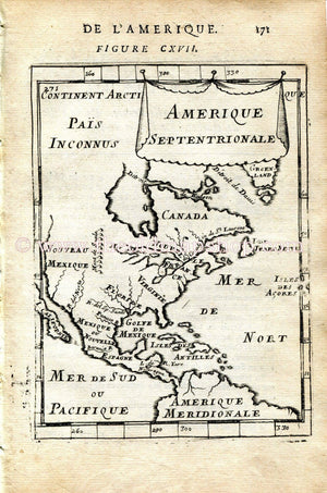 1683 Manesson Mallet "Amerique Septentrionale" North America, California as Island, Canada, Golf of Mexico, Virginia, Antique Map, Print