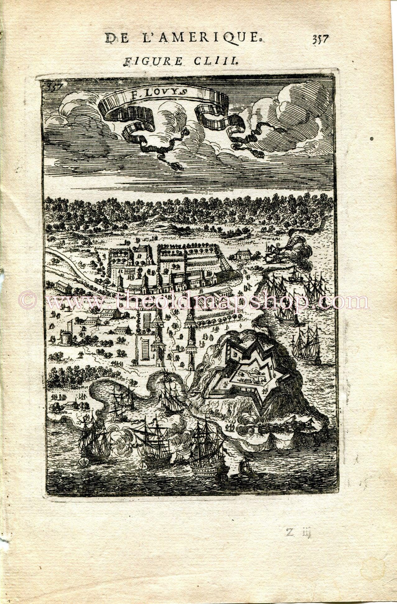 1683 Manesson Mallet "F. Louys" Fort St Louis, Cayenne, French Guiana, Ships Naval Battle, Antique Map Print