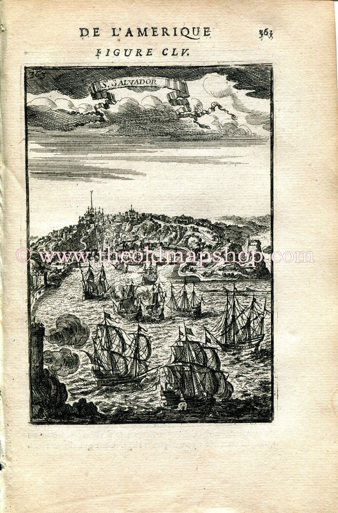 1683 Manesson Mallet "St Salvador" São Salvador, Salvador de Bahia, Salvador da Bahia, Brazil, Bird's-eye View, Antique Map Print