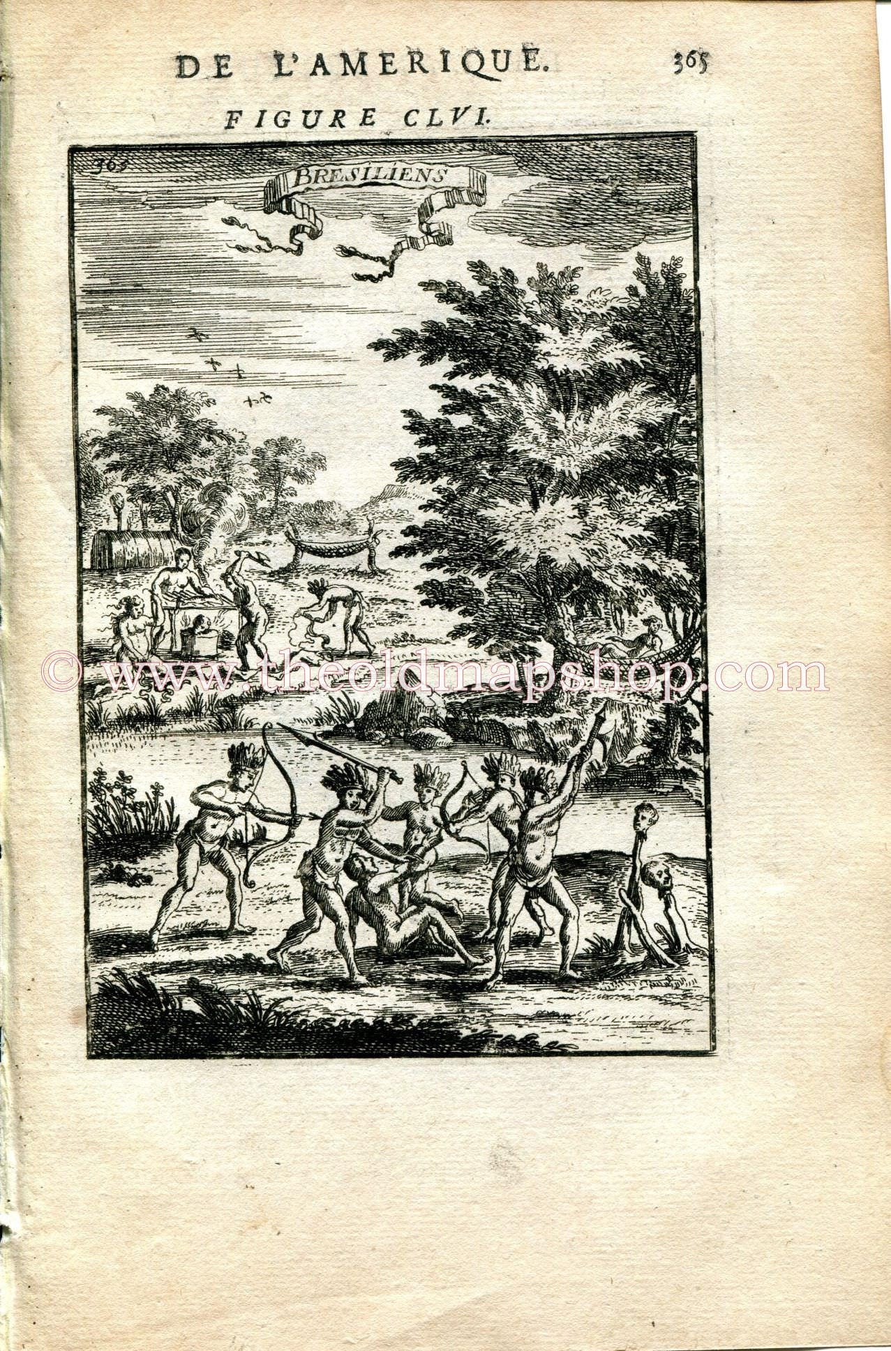 1683 Manesson Mallet "Bresiliens" Amerindians, Indigenous Native Brazilians, Brazil, South America, Antique Print, Engraving