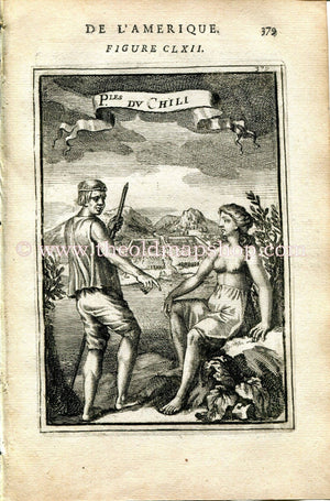 1683 Manesson Mallet "P.Les du Chili" People of Chile, South America, Man & Woman, Costume, Antique Print, Engraving