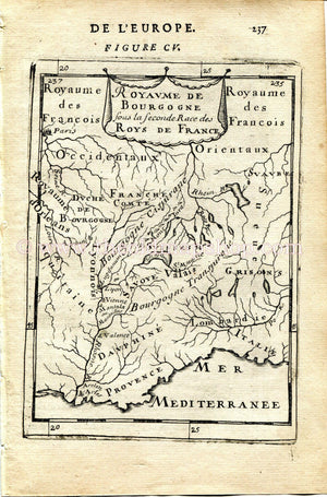 1683 Manesson Mallet "Royaume de Bourgogne sous la Seconde race" 2nd Kingdom of Burgundy, France Antique Map Print Engraving