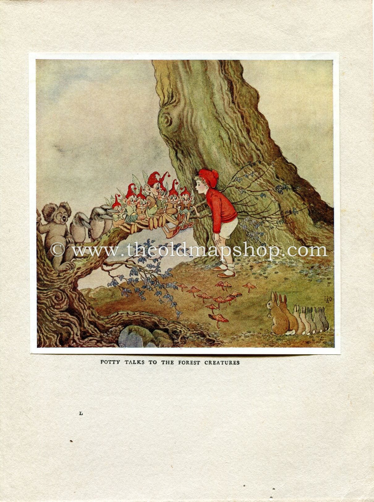 1925 Ida Rentoul Outhwaite Antique Fairy Print (Potty Talks to The Forest Creatures) Vintage Book Plate, from The Enchanted Forest