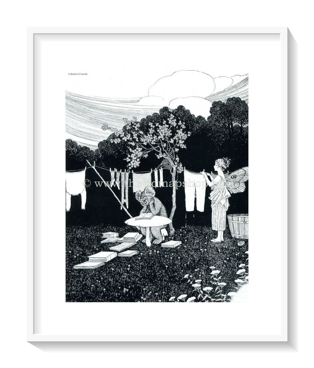 1921 Ida Rentoul Outhwaite Antique Fairy Print (Dr. Teddy-Bear At Home) Washing Line, Vintage Book Plate, from The Enchanted Forest
