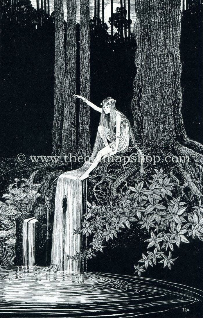 1921 Ida Rentoul Outhwaite Antique Fairy Print (The Waterfall Fairy) Vintage Book Plate, from The Enchanted Forest