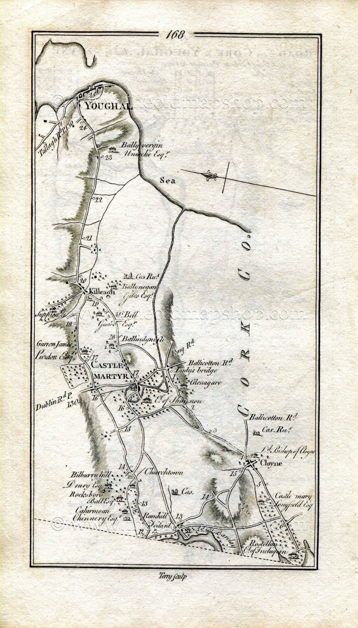 1778 Taylor & Skinner Antique Ireland Road Map 167/168 Cork, Clanmire, Carrigtohill, Midleton, Cobh, Youghal, Killeagh, Castlemartyr, Cloyne