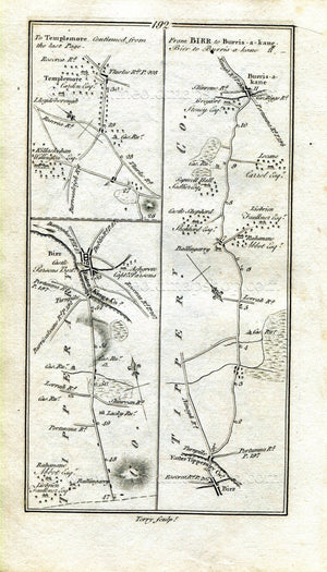 1778 Taylor & Skinner Antique Ireland Road Map 191/192 Borrisoleigh, Castleotway, Knockalton, Nenagh, Beechwood, Birr, Templemore, Tipperary