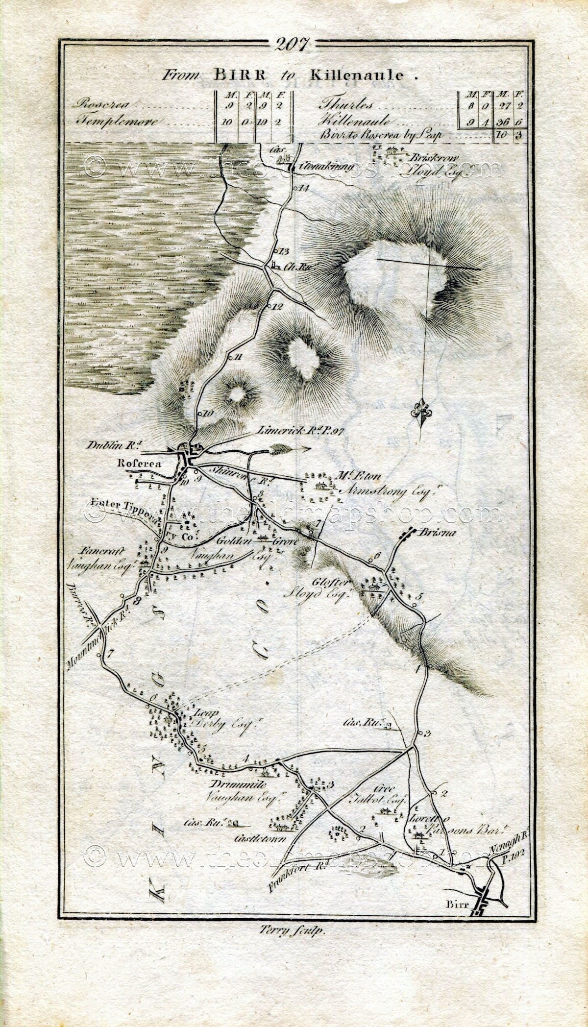 1778 Taylor & Skinner Antique Ireland Road Map 207/208 Birr, Leap, Brosna, Roscrea, Templemore, Thurles, Killenaule, Tipperary, Offaly