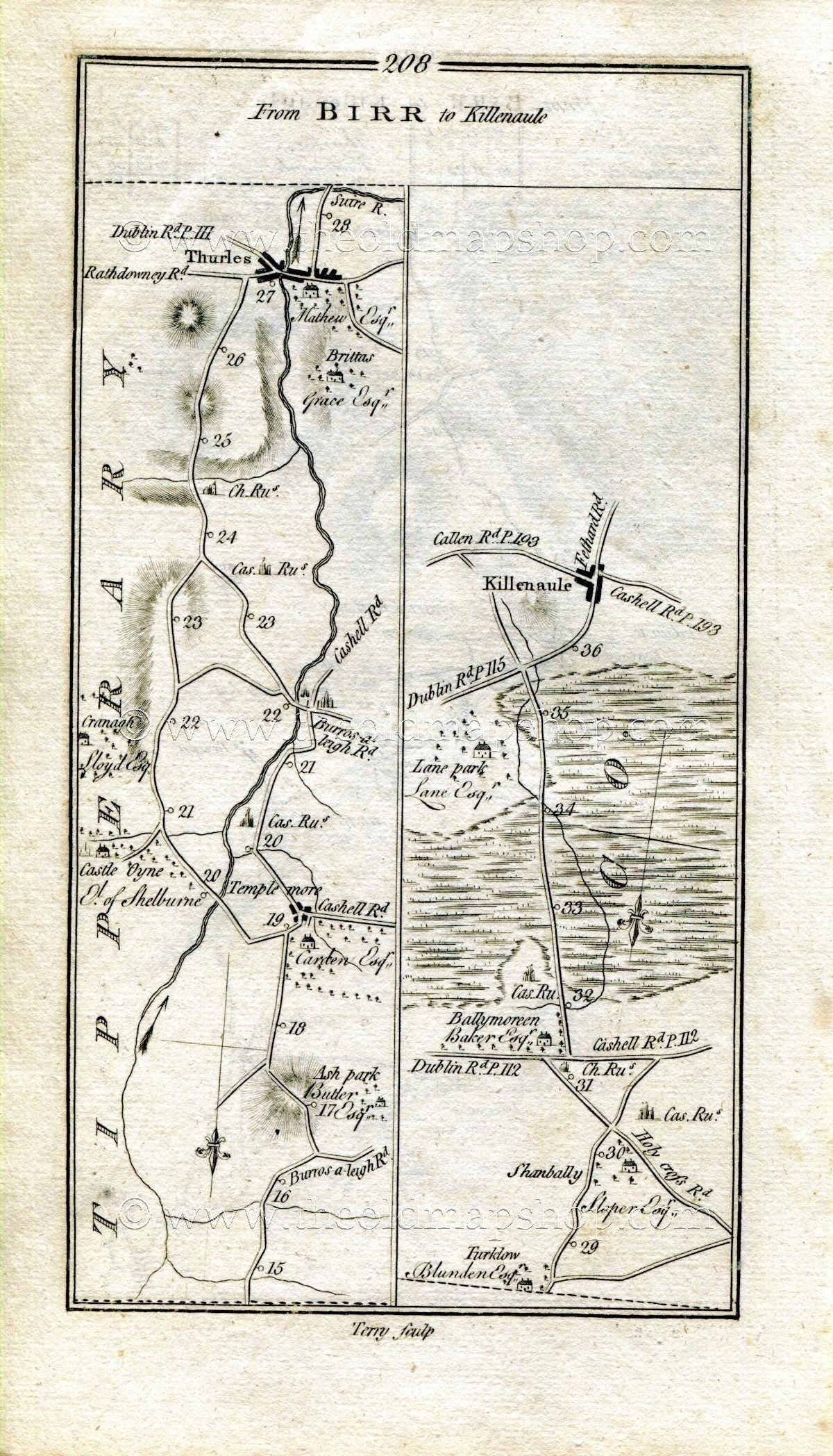 1778 Taylor & Skinner Antique Ireland Road Map 207/208 Birr, Leap, Brosna, Roscrea, Templemore, Thurles, Killenaule, Tipperary, Offaly