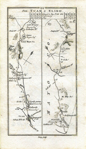 1778 Taylor & Skinner Ireland Antique Road Map 213/214 Dunmore, Ballindine, Hollymount, Ballinrobe, Tuam, Brookhill, Claremorris, Eden, Mayo