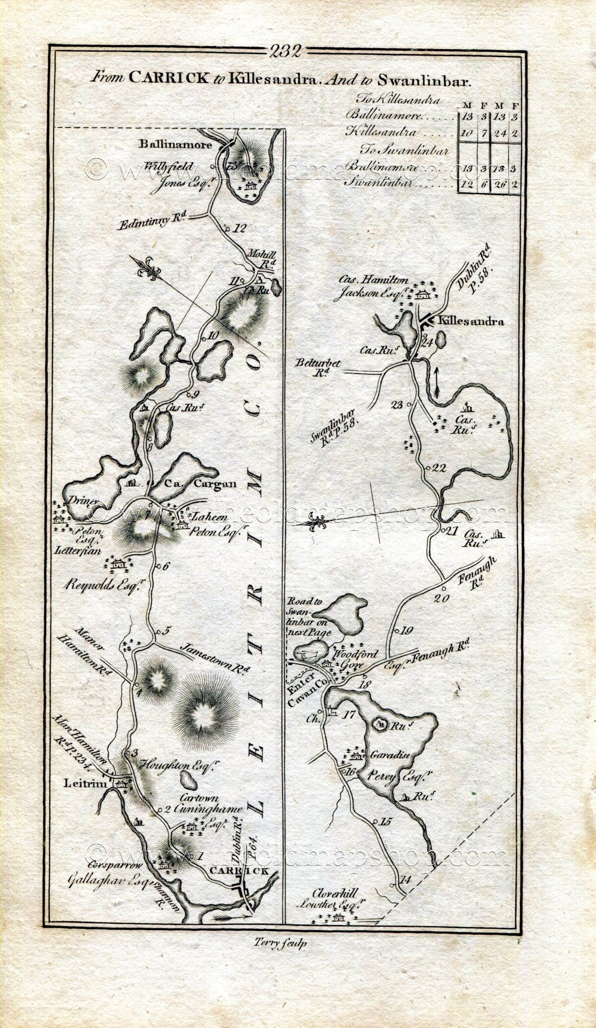 1778 Taylor & Skinner Antique Ireland Road Map 231/232 Londonderry, Bogay, Letterkenny, Dunfanaghy, Carrick-On-Shannon, Leitrim Killashandra
