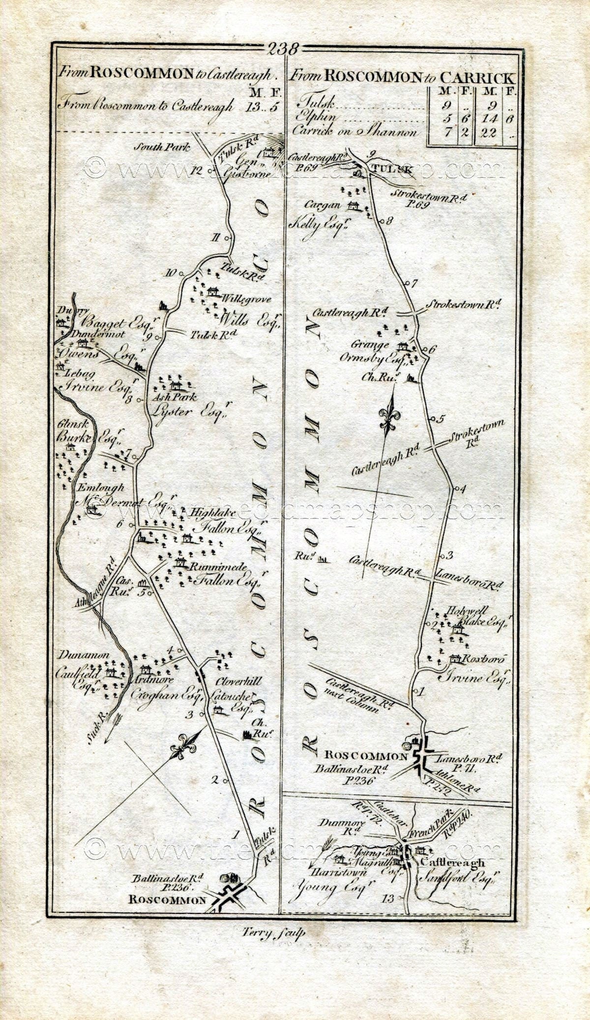 1778 Taylor & Skinner Antique Ireland Road Map 237/238 Eyrecourt, Portumna, Longford, Saint Johnstown, Granard, Roscommon, Roxborough, Tulsk