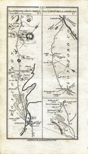 1778 Taylor & Skinner Antique Ireland Road Map 241/242 Athlone, Ballykeeran, Killinure, Ballymahon, Longford, Mote, Lanesborough, Roscommon