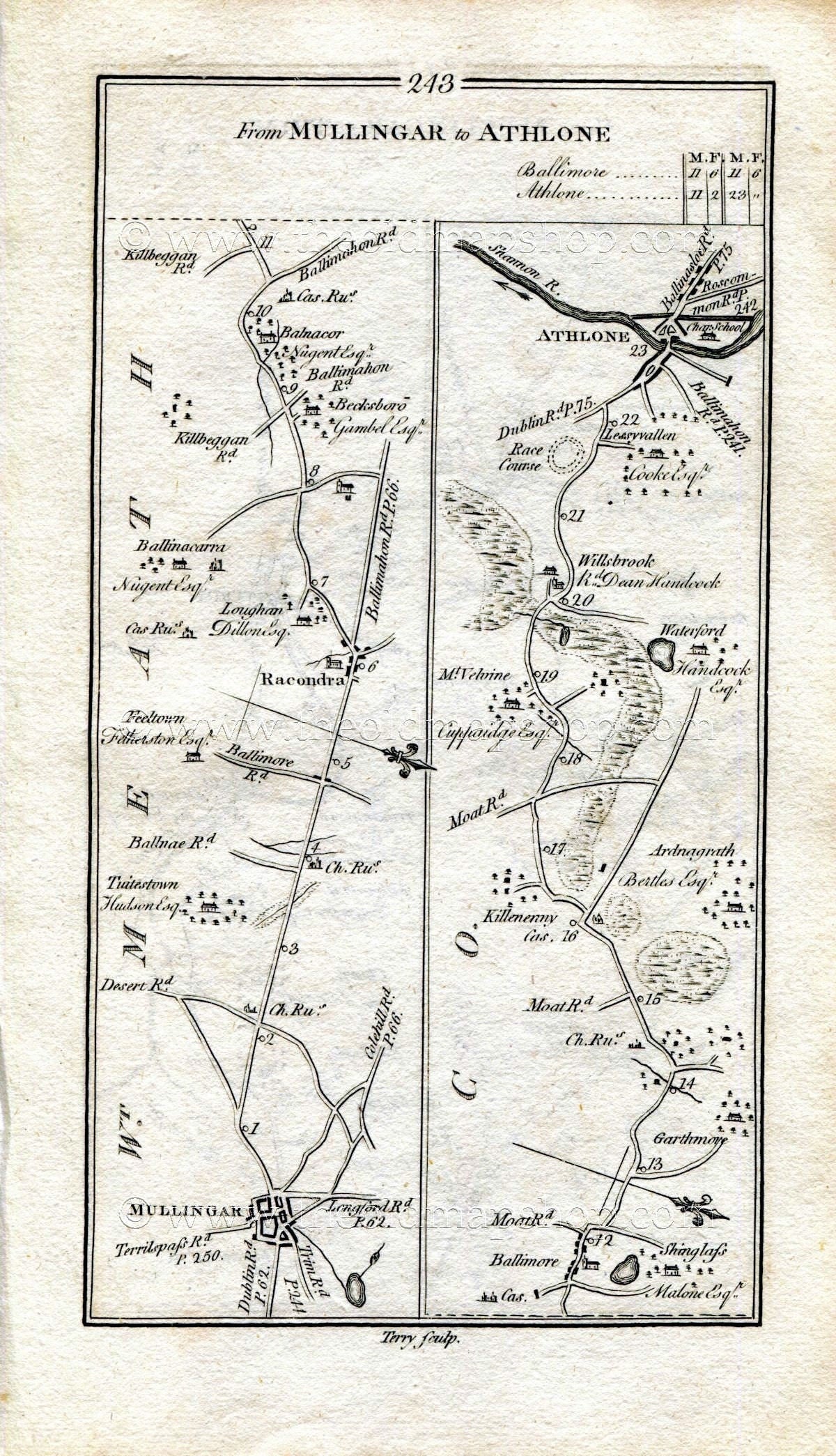 1778 Taylor & Skinner Antique Ireland Road Map 243/244 Mullingar, Rathconrath, Ballymore, Athlone, Rathconnell, Killynan, Craddenstown, Trim