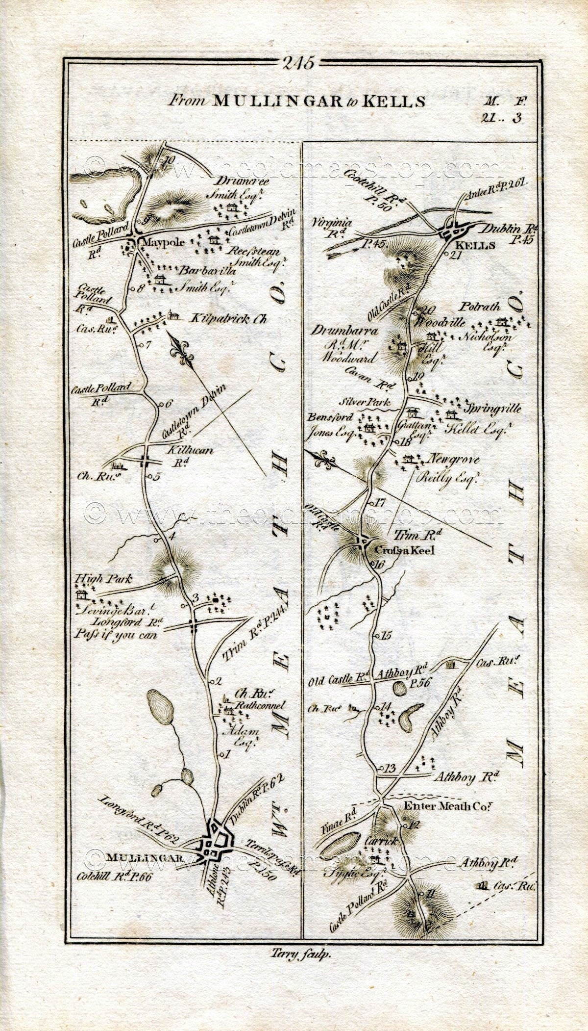 1778 Taylor & Skinner Antique Ireland Road Map 245/246 Mullingar, Collinstown, Crossakiel, Kells, Trim, Navan, Athboy, Westmeath, Meath