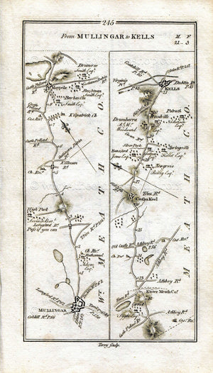 1778 Taylor & Skinner Antique Ireland Road Map 245/246 Mullingar, Collinstown, Crossakiel, Kells, Trim, Navan, Athboy, Westmeath, Meath
