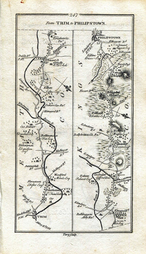 1778 Taylor & Skinner Antique Ireland Road Map 247/248 Trim, Donore, Daingean, Kilbeggan, Tullamore, Tyrrellspass, Meath, Offaly, Westmeath