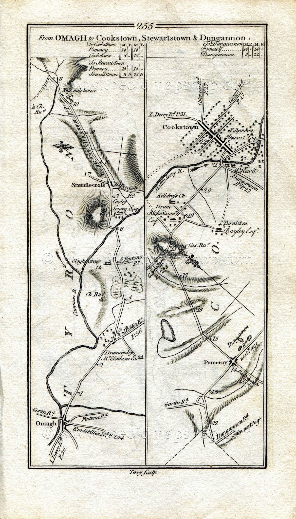 1778 Taylor & Skinner Ireland Road Map Antique 255/256 Omagh, Sixmilecross, Pomeroy, Cookstown, Donaghmore, Dungannon, Stewartstown, Tyrone