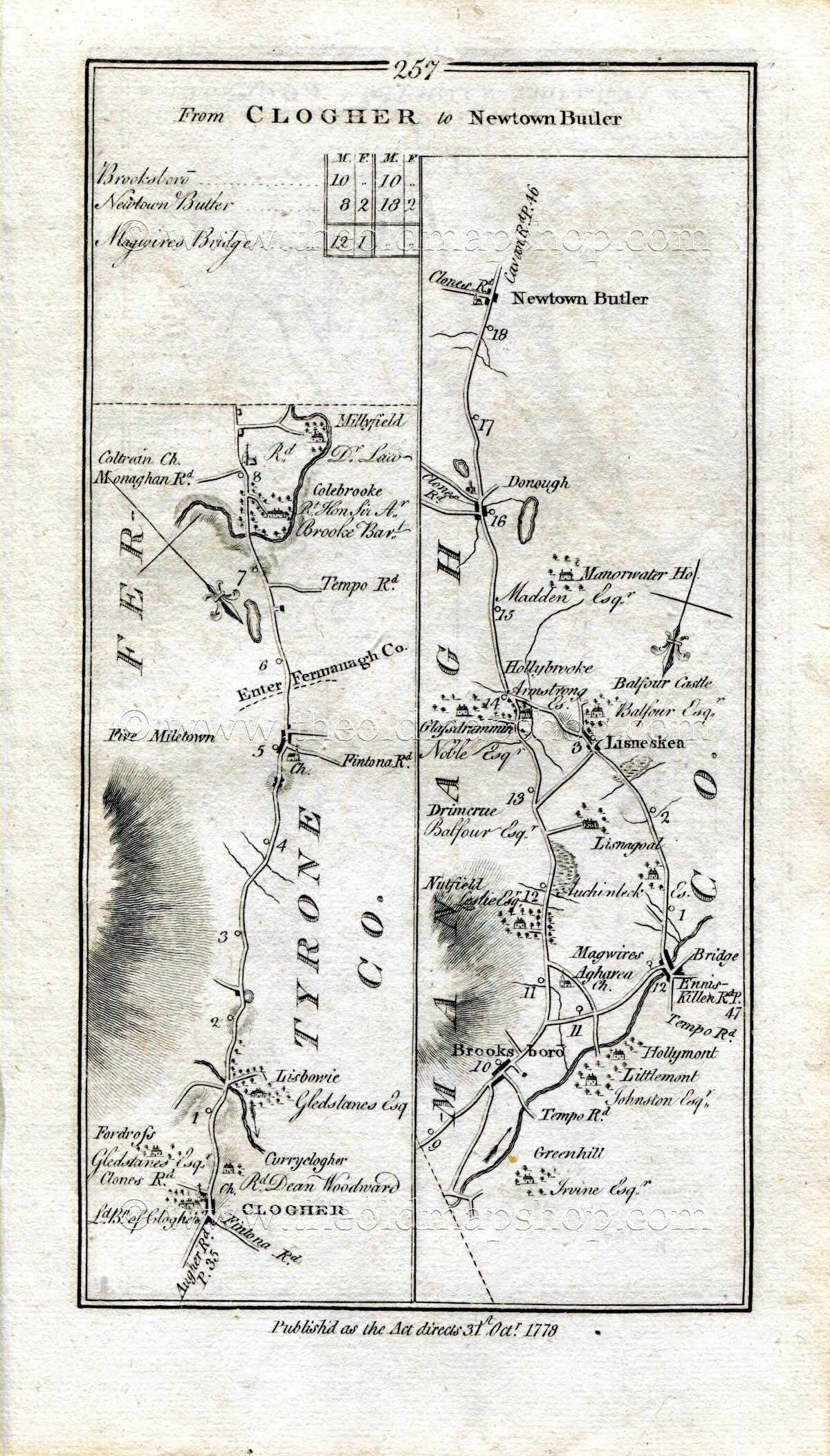 1778 Taylor & Skinner Antique Ireland Road Map 257/258 Clogher, Brookeborough, Maguiresbridge, Donagh Newtownbutler Newtownstewart Cookstown
