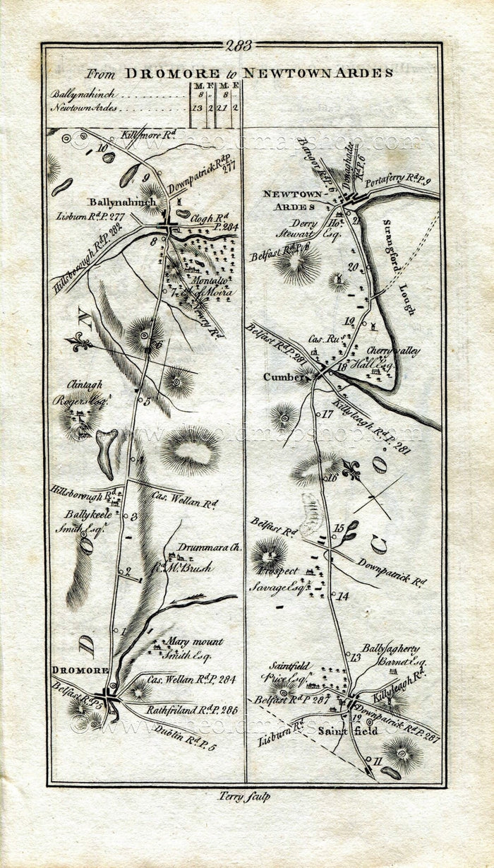 1778 Taylor & Skinner Antique Ireland Road Map 283/284 Dromore Clintagh Ballykeel Saintfield Comber Newtownards Castlewellan Ballynahinch