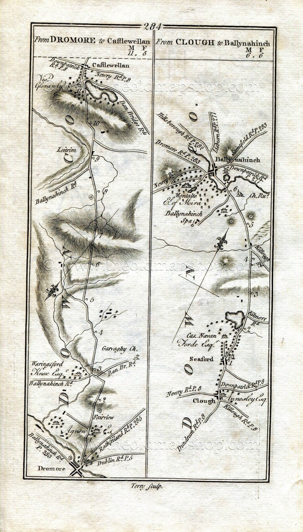 1778 Taylor & Skinner Antique Ireland Road Map 283/284 Dromore Clintagh Ballykeel Saintfield Comber Newtownards Castlewellan Ballynahinch