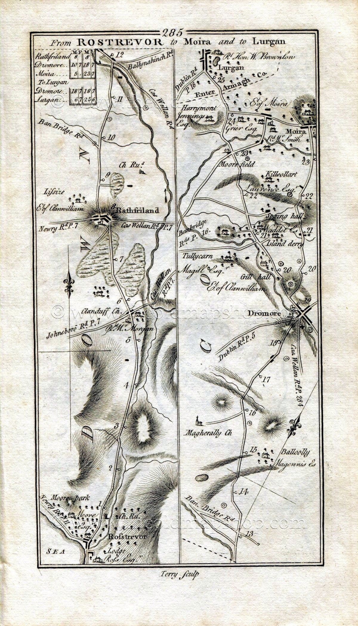 1778 Taylor & Skinner Antique Ireland Road Map 285/286 Rostrevor, Rathfriland, Dromore, Moira, Lurgan, Newry Belleeks Castleblayney Ballybay