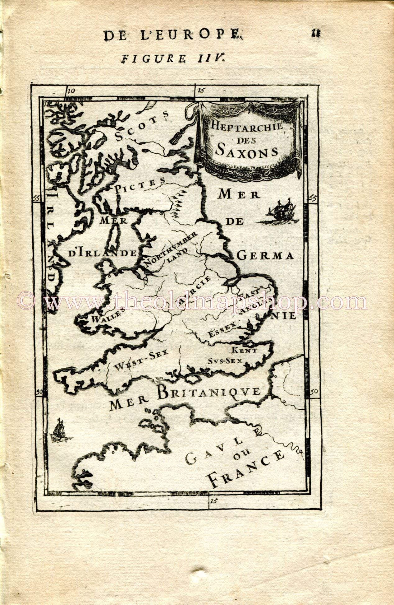 1683 Manesson Mallet "Heptarchie des Saxons" Saxon Britain, England, Ireland, Wales, Scotland Antique Map Print Engraving