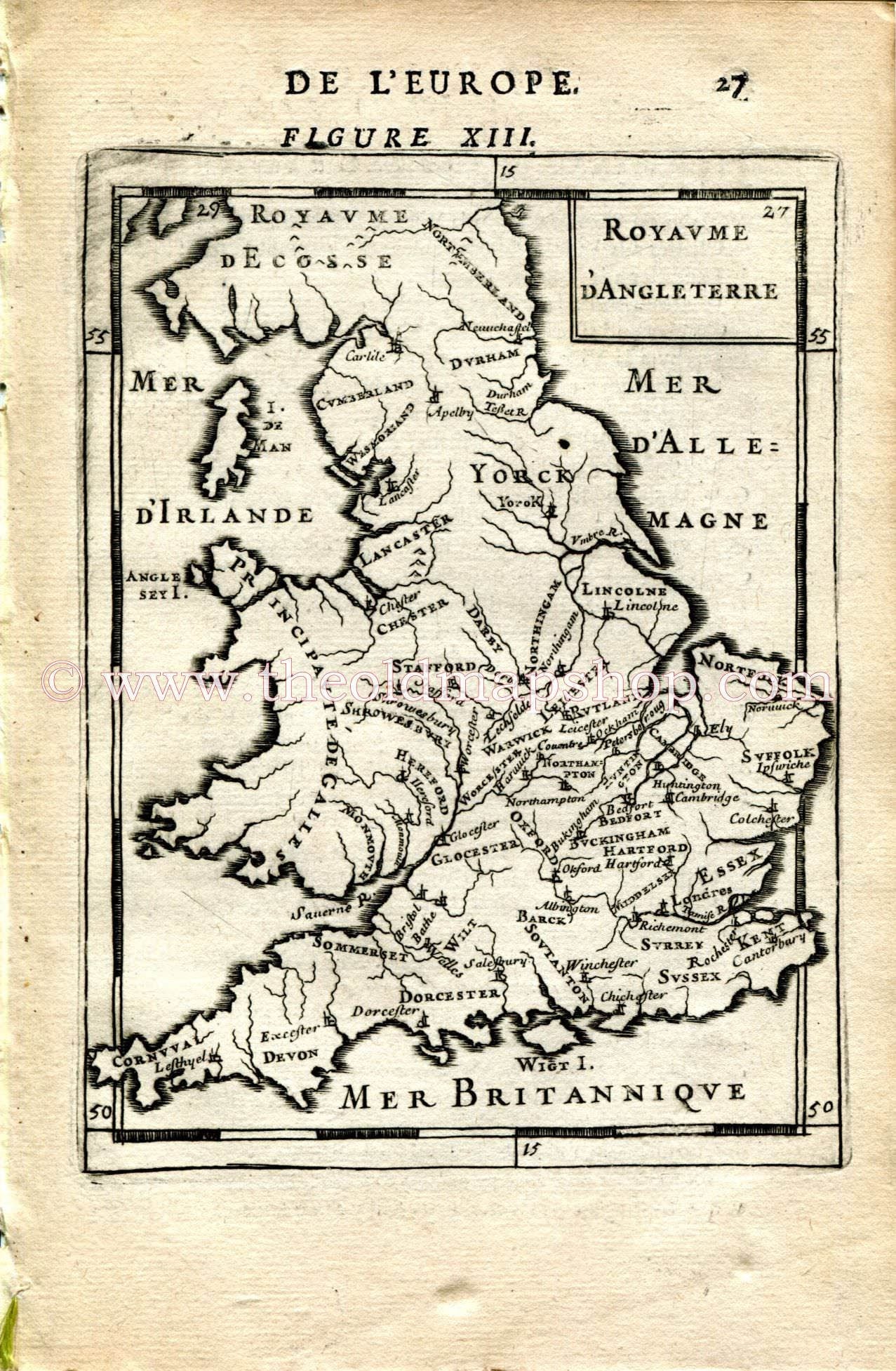 1683 Manesson Mallet Map "Royaume D'Angleterre" England, Wales, Scotland Antique Print Engraving