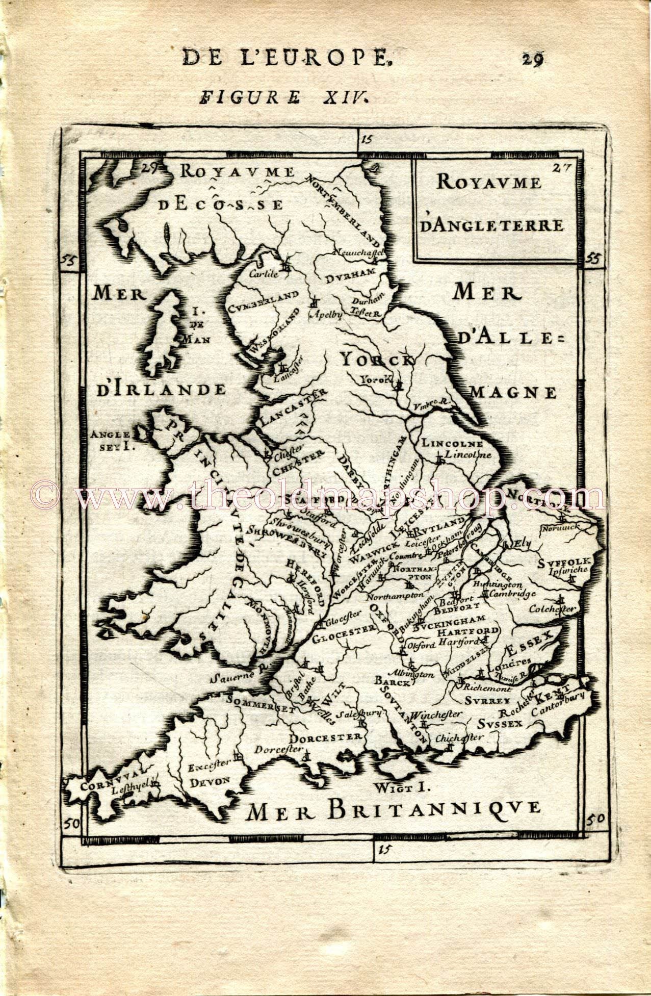 1683 Manesson Mallet "Royaume D'Angleterre" England, Scotland, Wales Antique Map Print Engraving