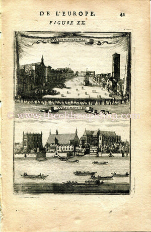 1683 Manesson Mallet "Westminster-Haal" Hall & Abbey, River Thames, Boats, London, England, Antique Print, Engraving