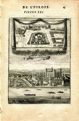 1683 Manesson Mallet "La Tour de Londres; Profil de la Tour de Londres" Tower of London, River Thames, England, Antique Print, Engraving