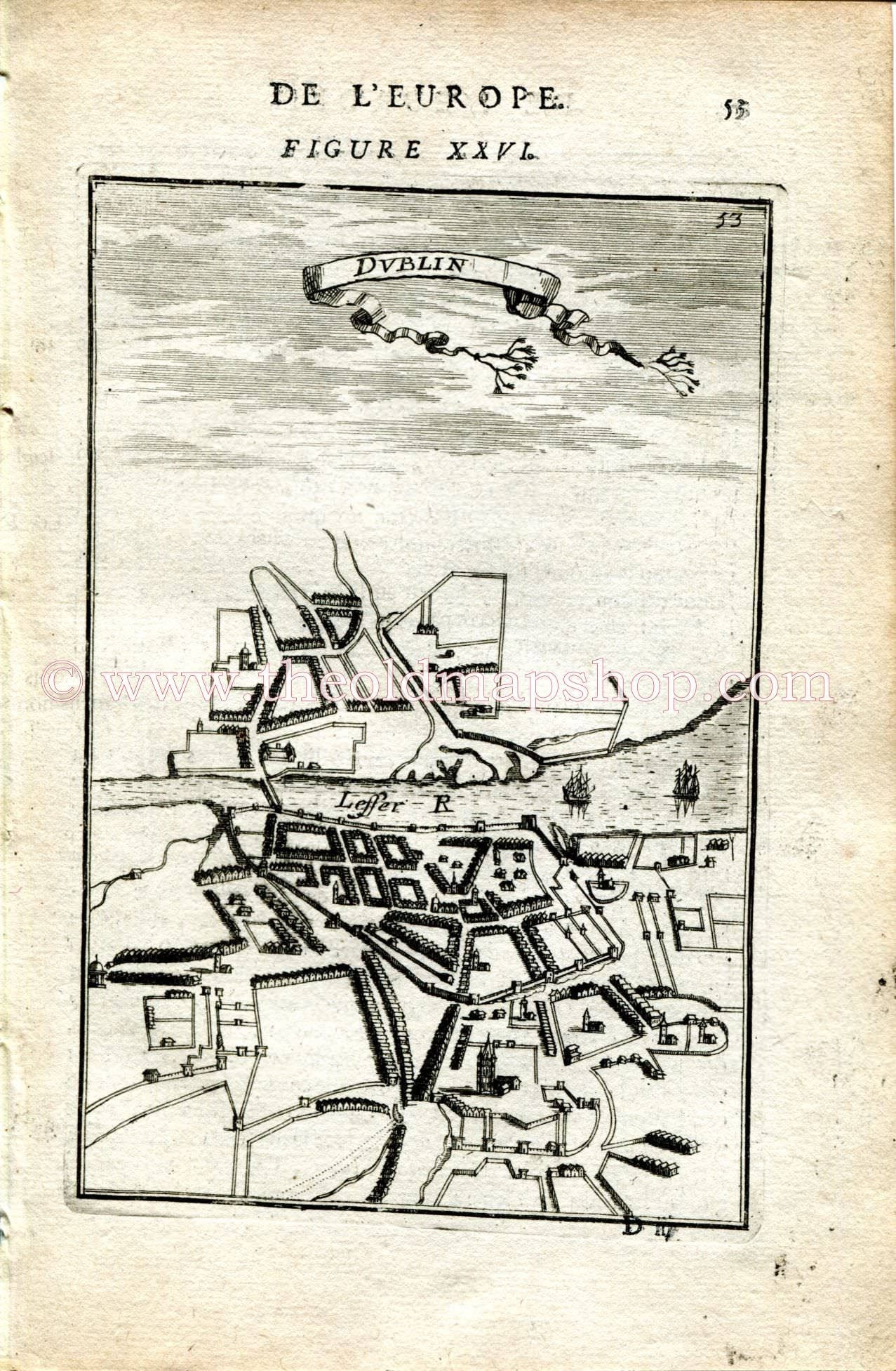 1683 Manesson Mallet "Dublin" Town Plan, Ireland, Antique Map Print Engraving
