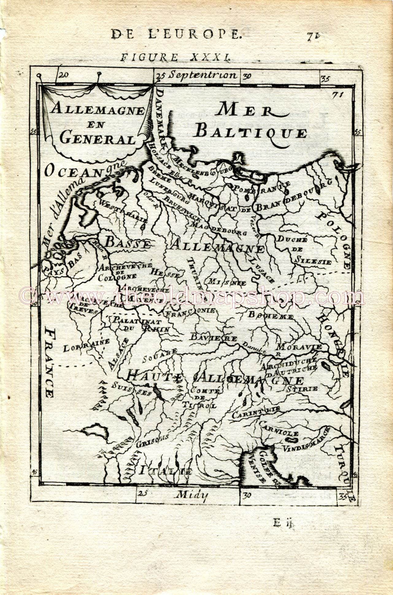 1683 Manesson Mallet "Allemagne en General" Germany, Denmark, Switzerland, Austria, Italy, Hungary, Poland, Antique Map Print Engraving