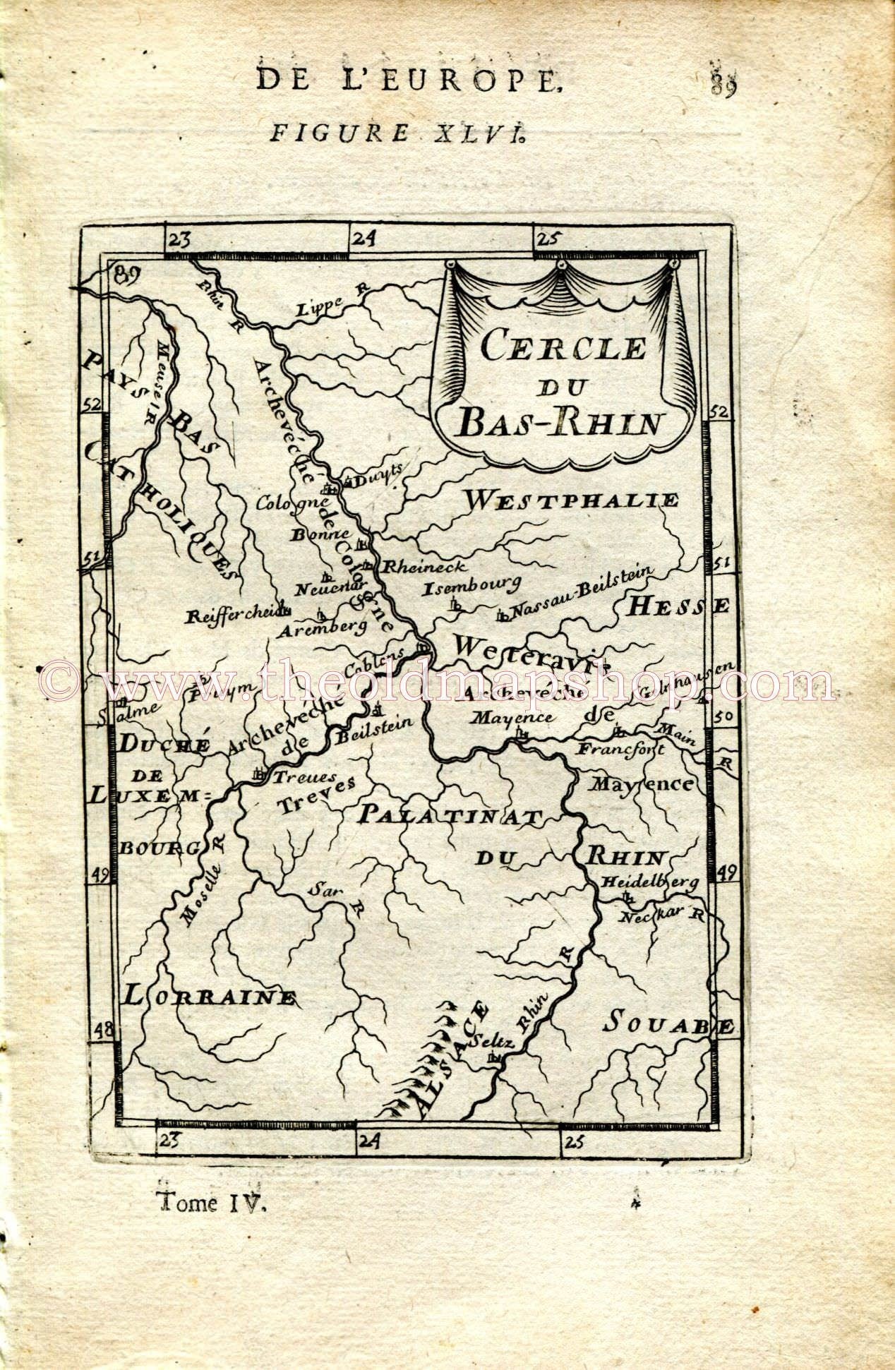 1683 Manesson Mallet "Cercle du Bas-Rhin" Germany, Heidelberg, Mainz, Frankfurt, Koblenz, Bonn, Cologne, Antique Map Print Engraving
