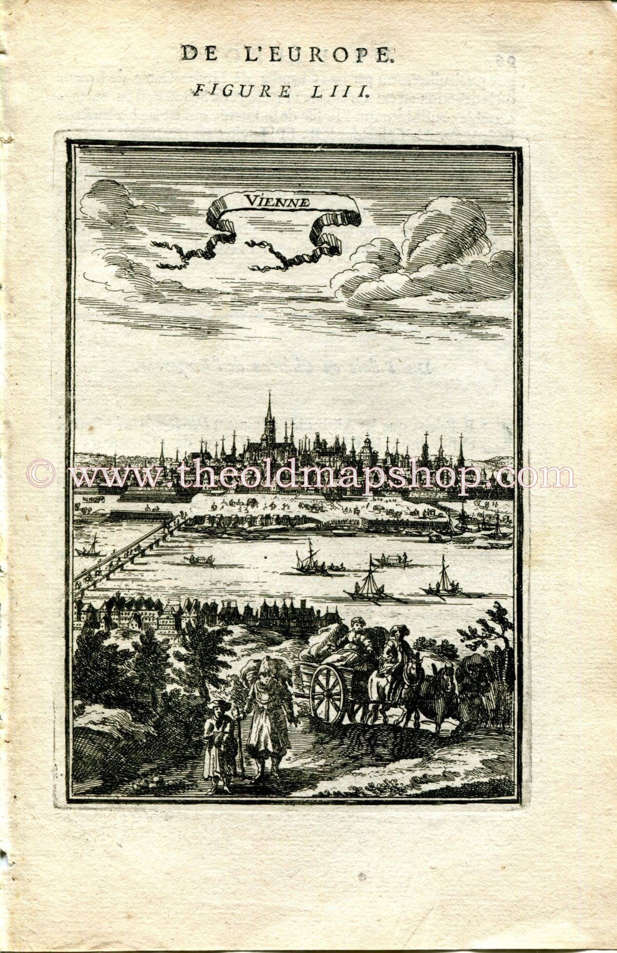 1683 Manesson Mallet "Vienne" Vienna, Wien, Austria, Bird's-eye View, Antique Print, Engraving