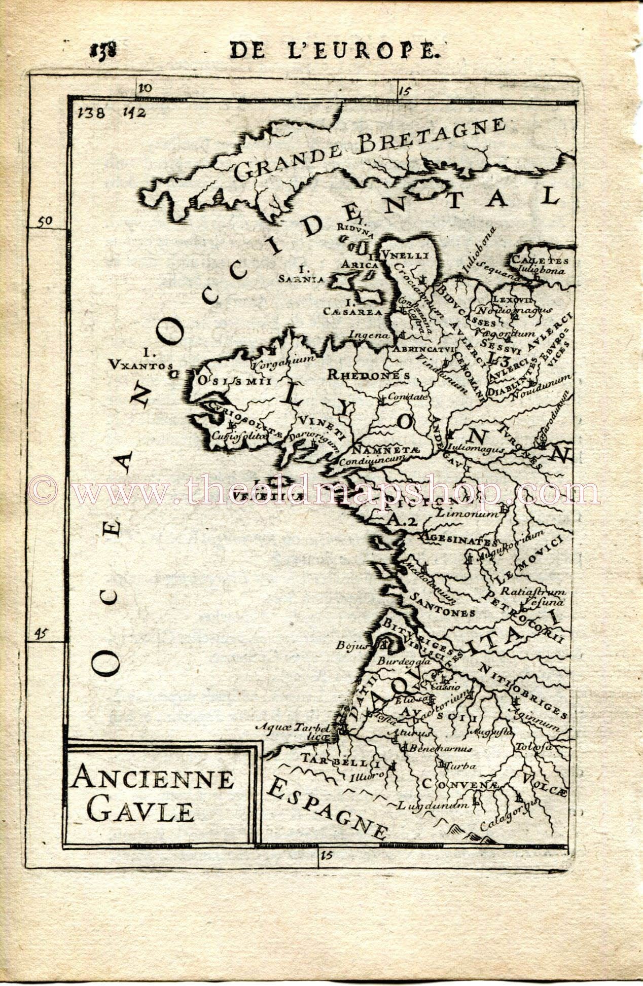 1683 Manesson Mallet "Ancienne Gaule" Ancient Gaul, Roman Towns in Europe, Gaules Antique Map Print Engraving