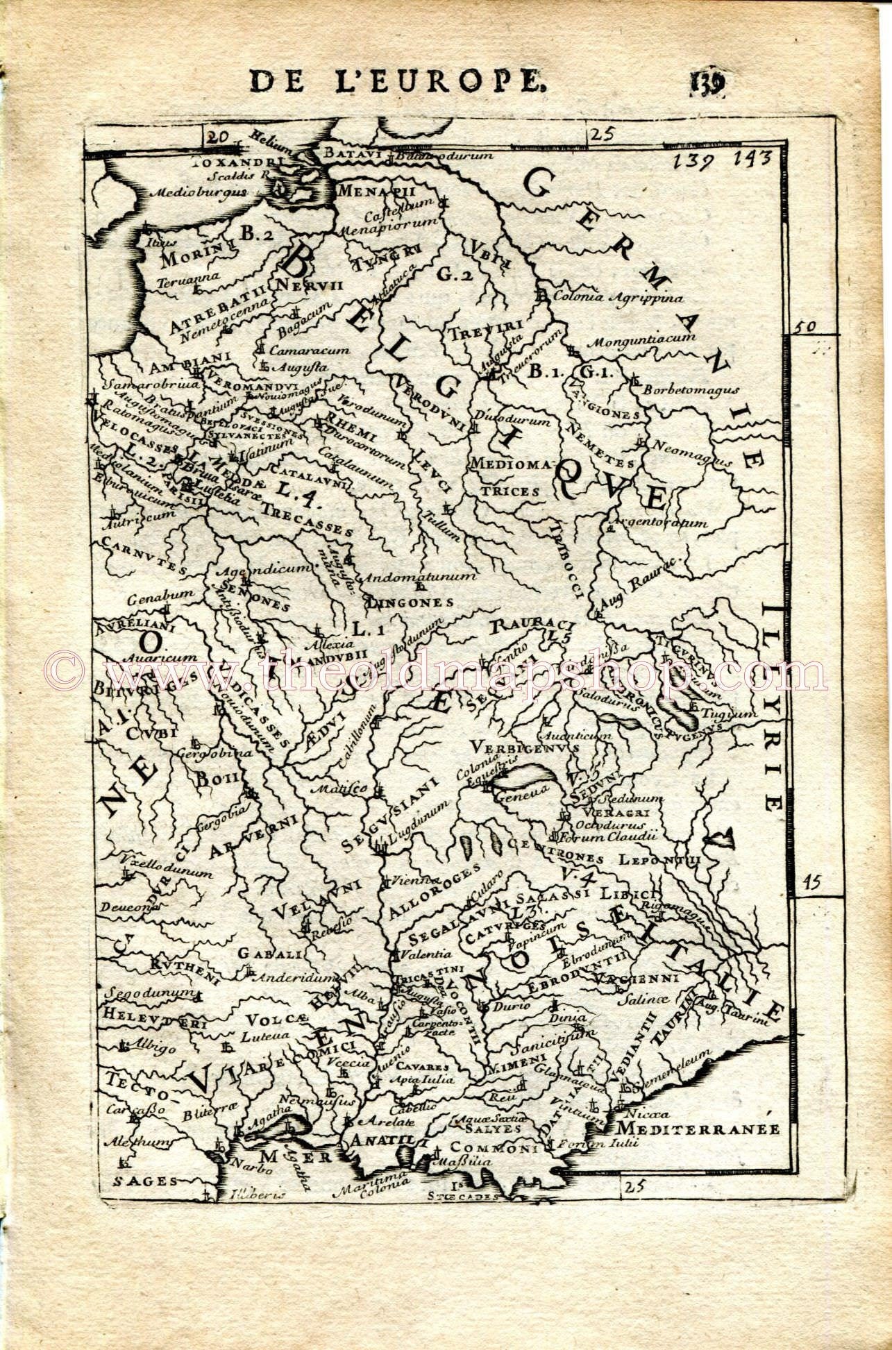 1683 Manesson Mallet "Ancienne Gaule" Ancient Gaul, Roman Towns in Europe, Gaules Antique Map Print Engraving