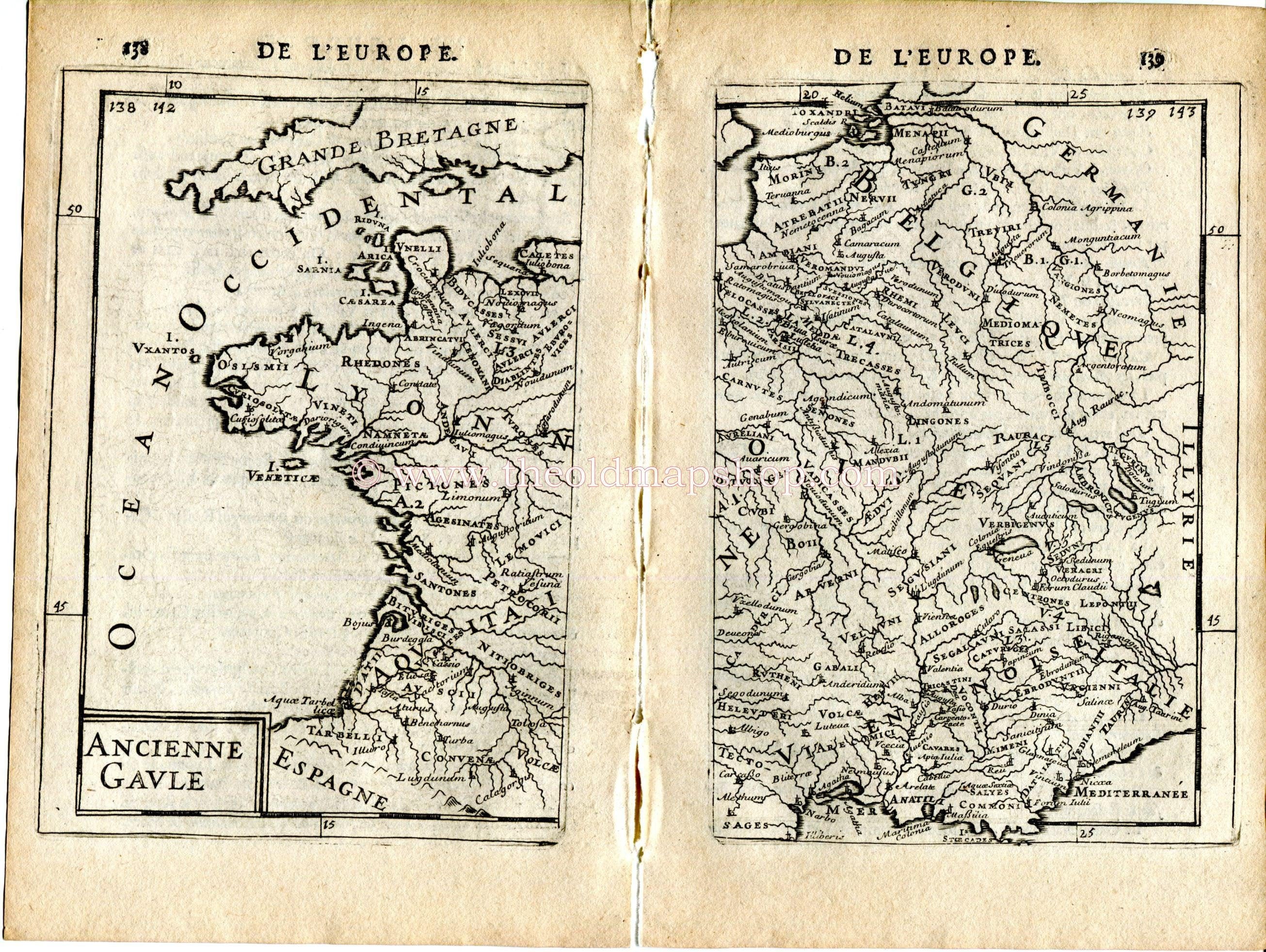 1683 Manesson Mallet "Ancienne Gaule" Ancient Gaul, Roman Towns in Europe, Gaules Antique Map Print Engraving