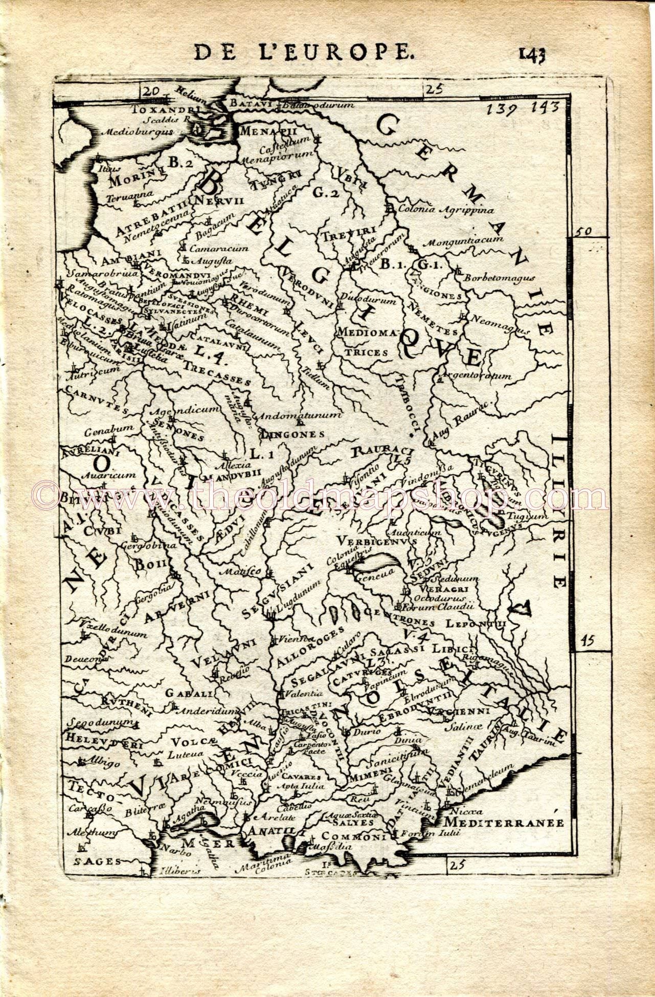 1683 Manesson Mallet "Ancienne Gaule" Ancient Gaul, Gaules, France, Roman Towns in Europe, Antique Map