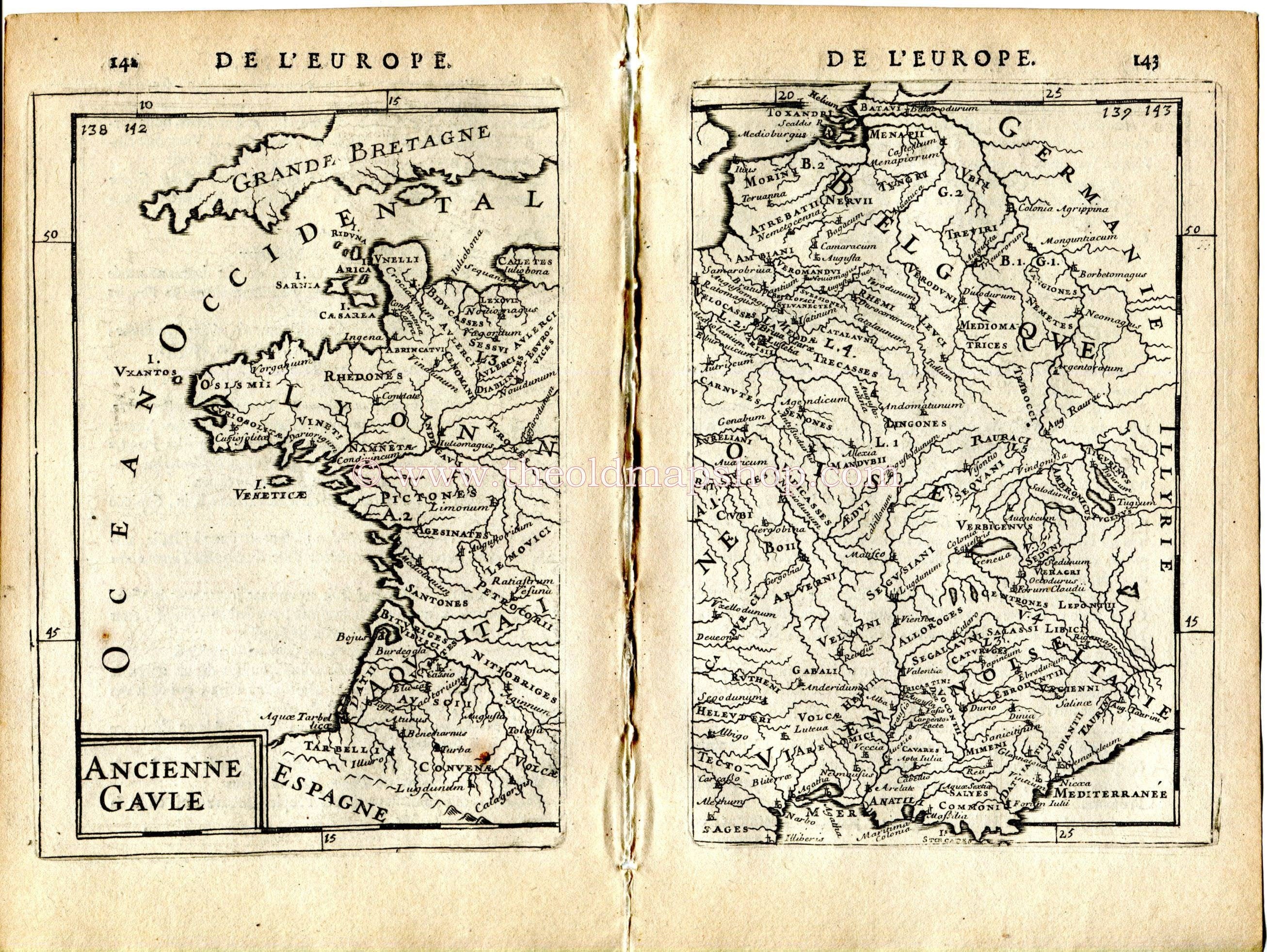 1683 Manesson Mallet "Ancienne Gaule" Ancient Gaul, Gaules, France, Roman Towns in Europe, Antique Map