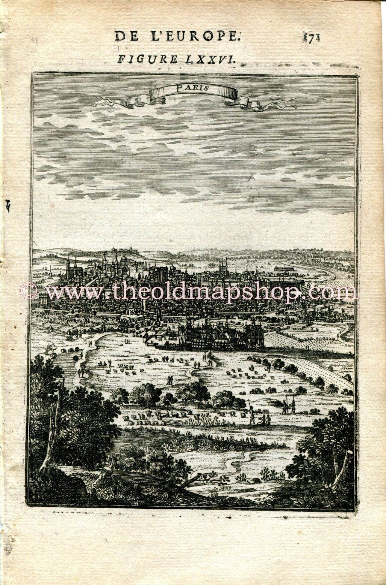 1683 Manesson Mallet "Paris" France, Bird's-eye View, Antique Print, Engraving