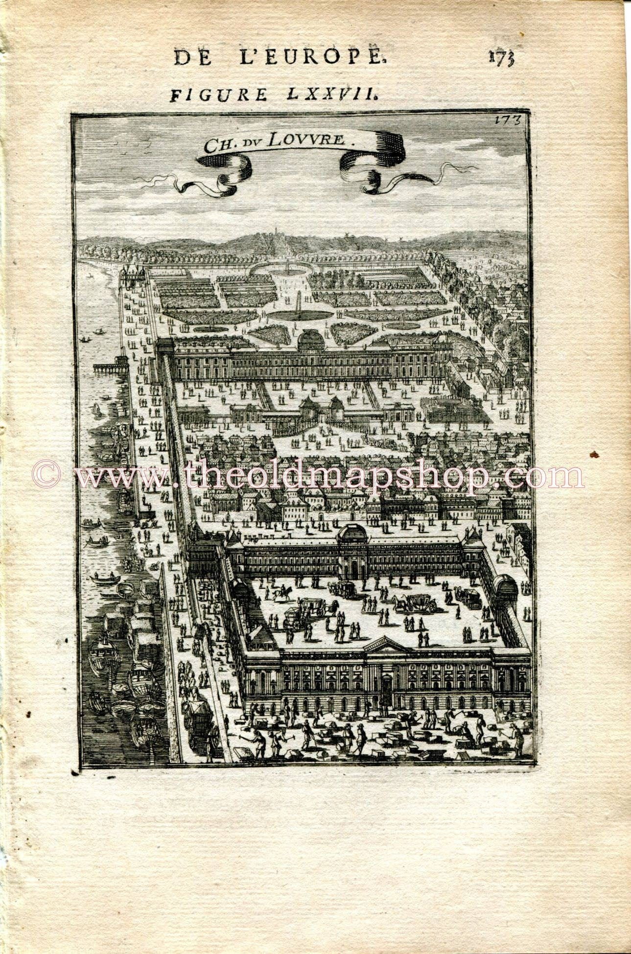 1683 Manesson Mallet "Chateau de Louvre" Museum, Paris, France, Bird's-eye View, Antique Print, Engraving