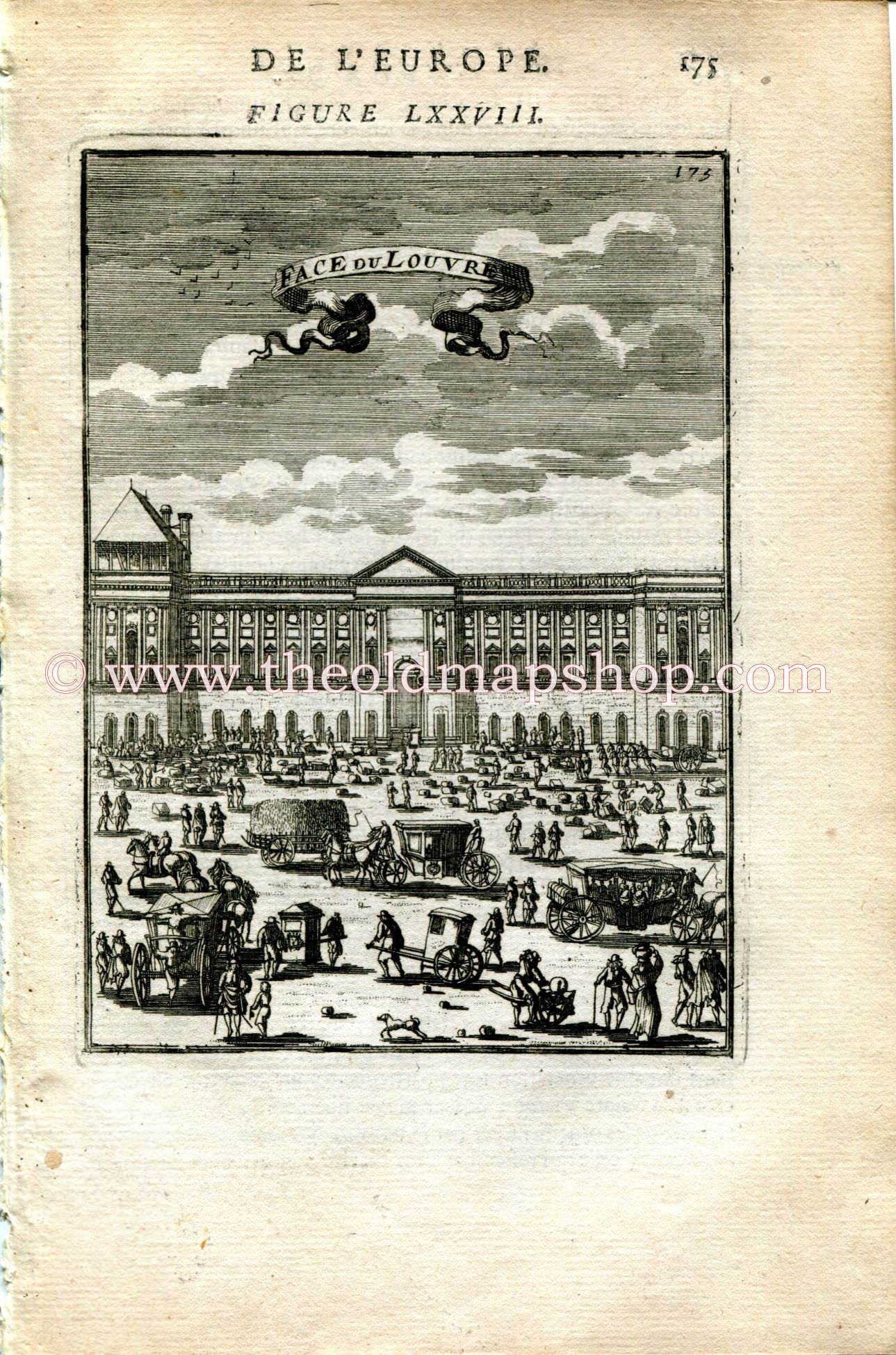 1683 Manesson Mallet "Face du Louvre" Museum, Paris, France, View, Antique Print, Engraving