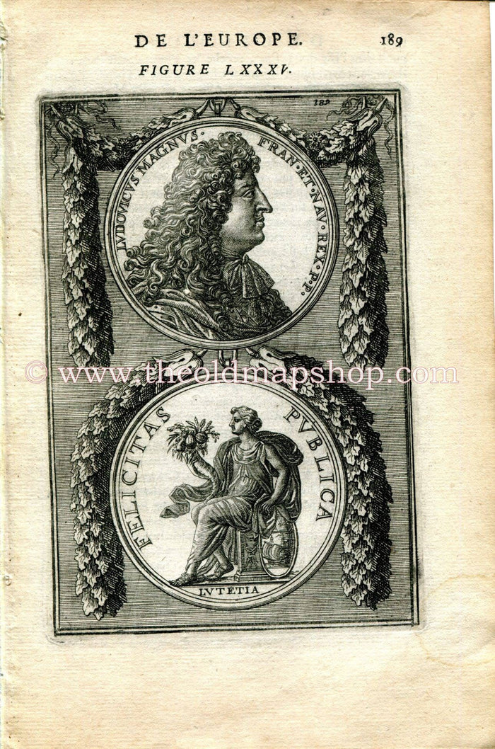 1683 Manesson Mallet "Ludovicus Magnus" Louis XIV King of France, Coin Portrait, Antique Print, Engraving