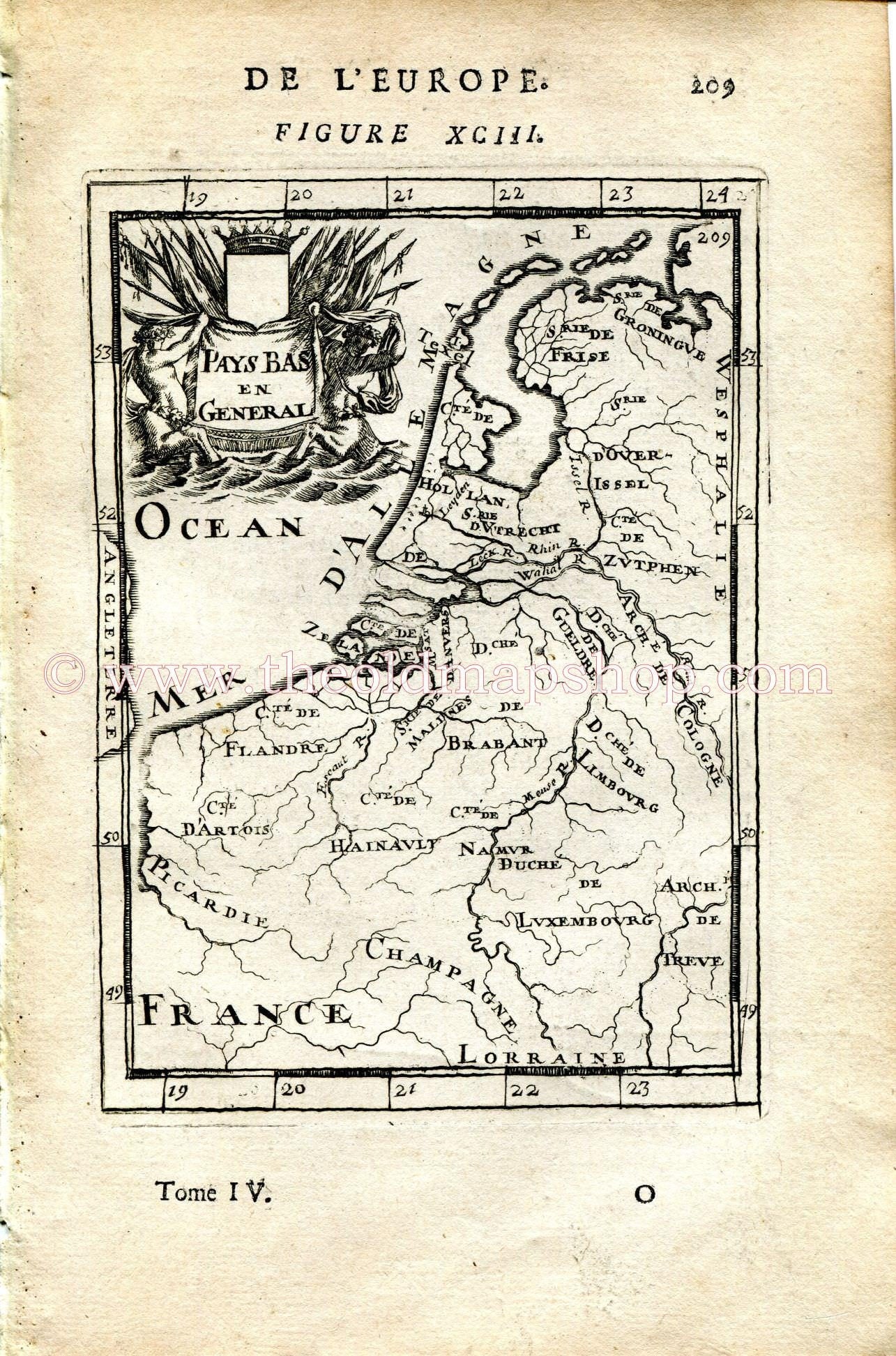 1683 Manesson Mallet "Pays Bas en General" Netherlands, Belgium, France, Germany, Luxembourg, Antique Map Print Engraving