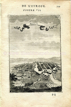1683 Manesson Mallet "Nancy" Meurthe-et-Moselle, France, Bird's-eye View, Antique Print, Engraving