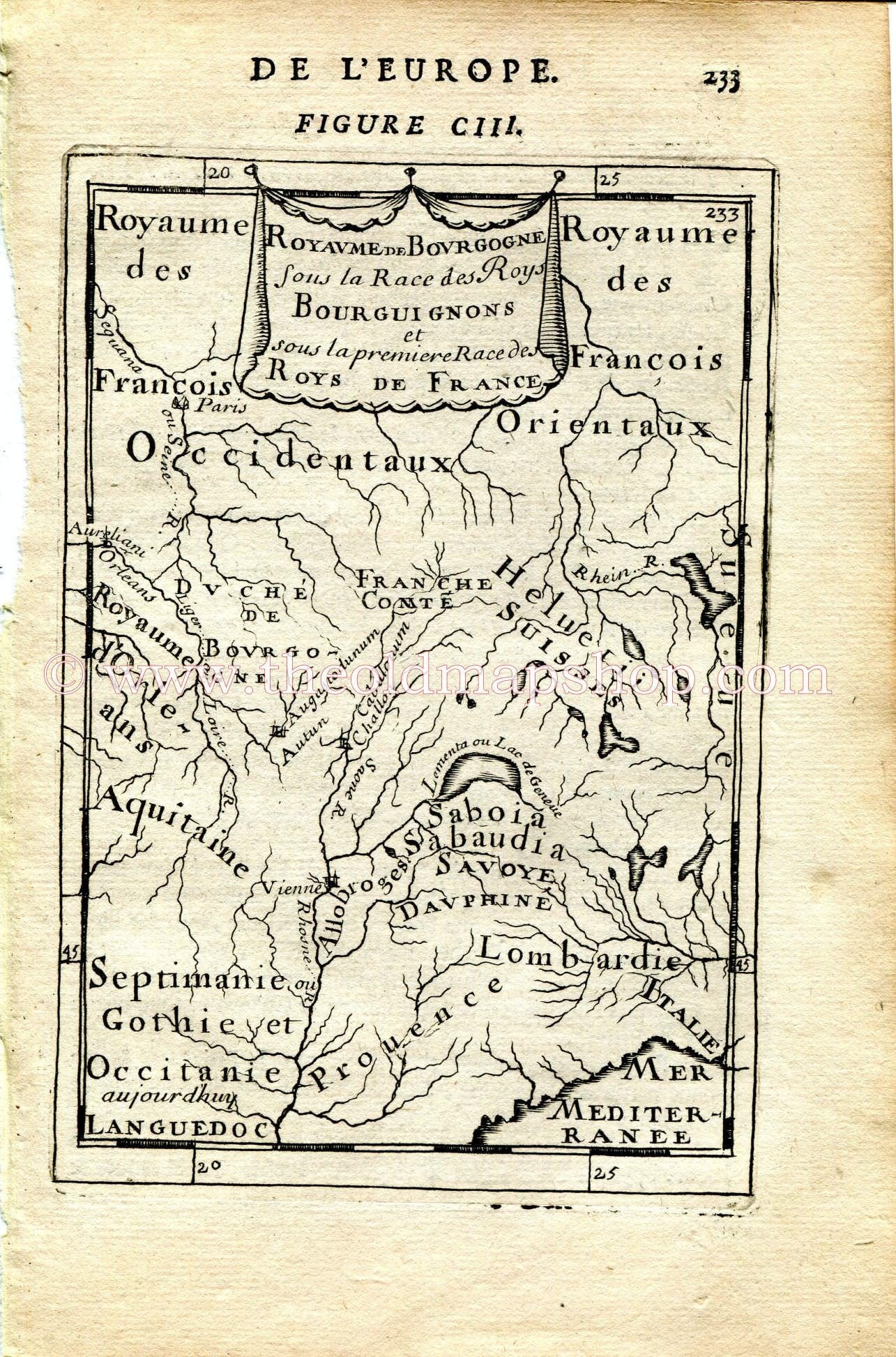 1683 Manesson Mallet "Royaume de Bourgogne sous la race" 1st Kingdom of Burgundy, France Antique Map Print Engraving