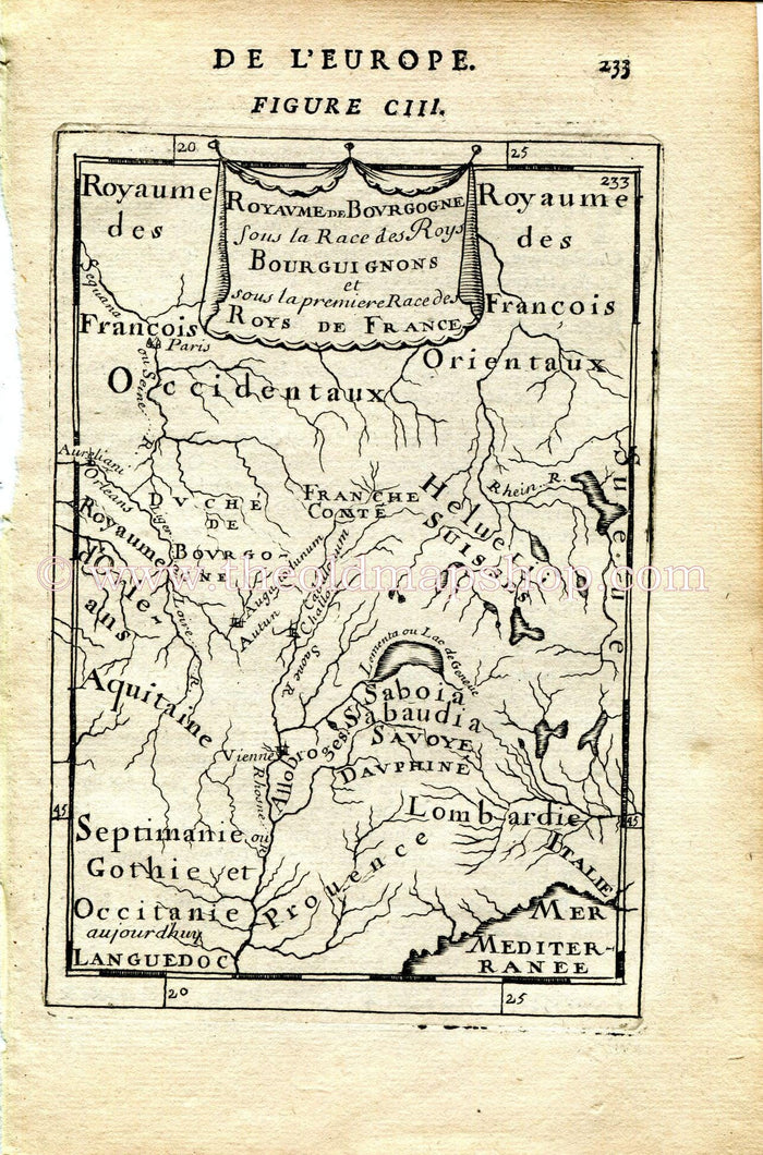 1683 Manesson Mallet "Royaume de Bourgogne sous la race" 1st Kingdom of Burgundy, France Antique Map Print Engraving