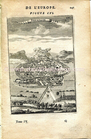 1683 Manesson Mallet "Besancon" Doubs, Bourgogne-Franche-Comté, France, Bird's-eye View, Antique Print, Engraving